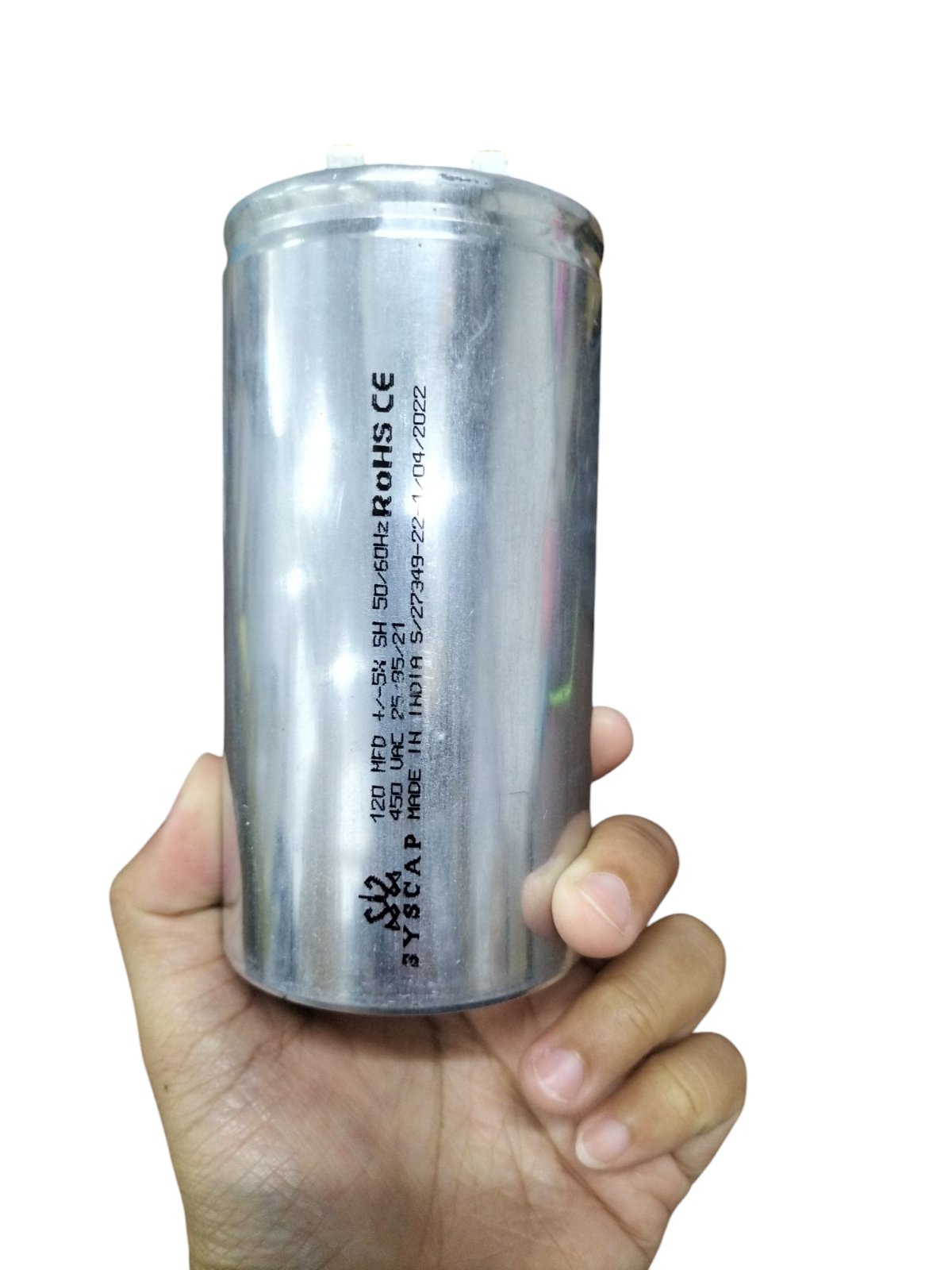SYSCAP 120 MFD 450V AC motor running capacitor Oil Filled held in hand for electrical circuitry use