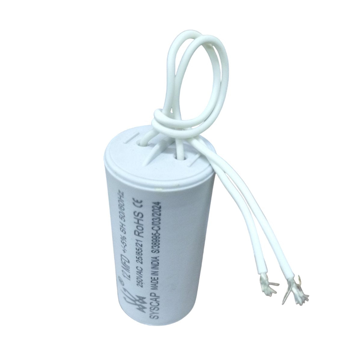 Syscap 12MFD 250 VAC Running Capacitor white cylindrical electrical component with wires