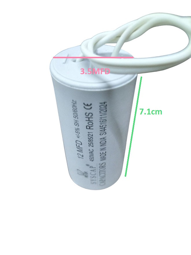 Syscap 12MFD motor capacitor with white cylindrical body and attached wiring for electrical circuits