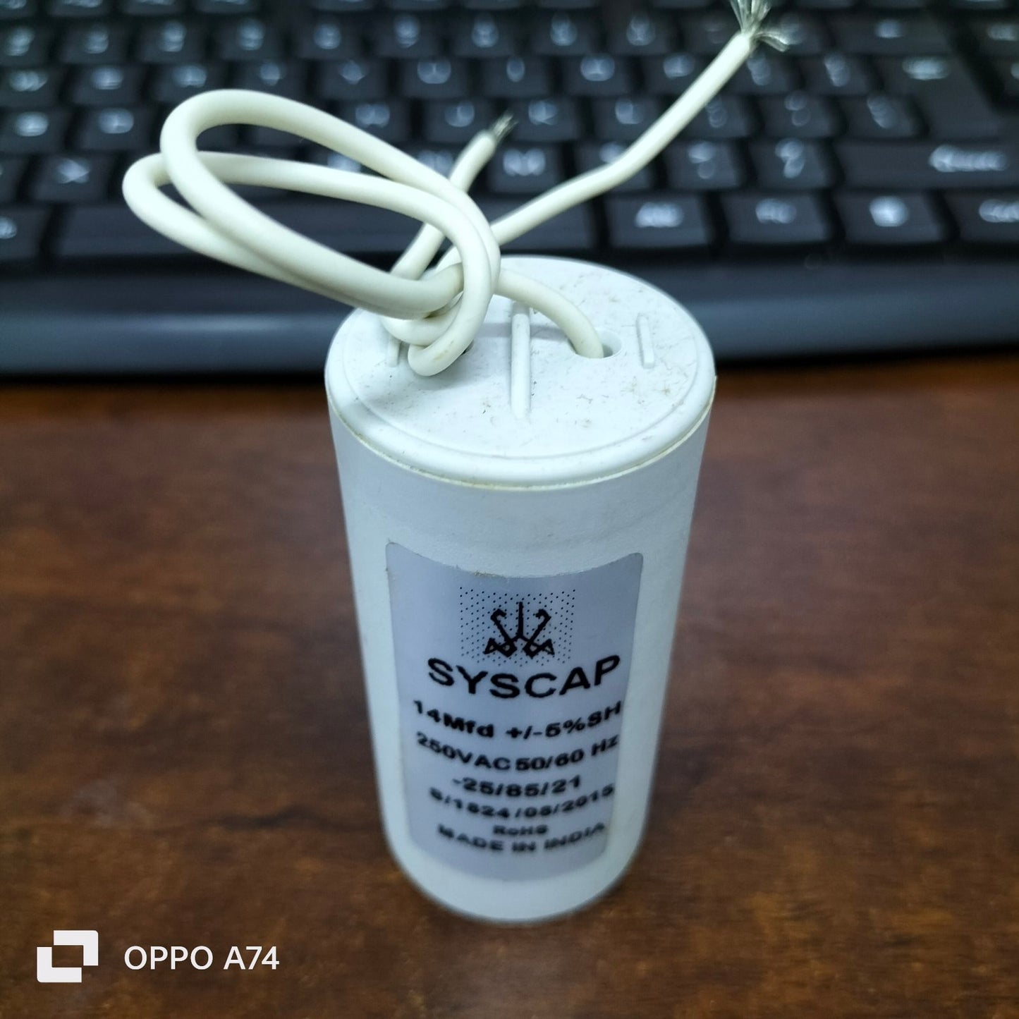 Syscap 14MFD 250 VAC Running Capacitor with white wires for electrical circuitry and parts