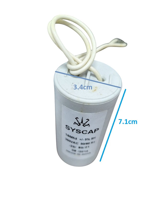 Syscap 16MFD Motor Running Capacitor in white with wires and dimensions 7.1 cm by 3.4 cm