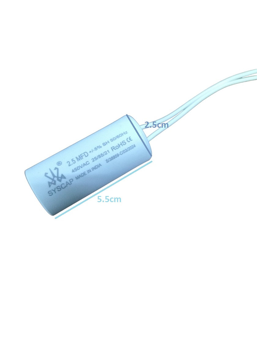 Syscap 2.5MFD 450V AC Running Capacitor in light blue with wires and size measurements