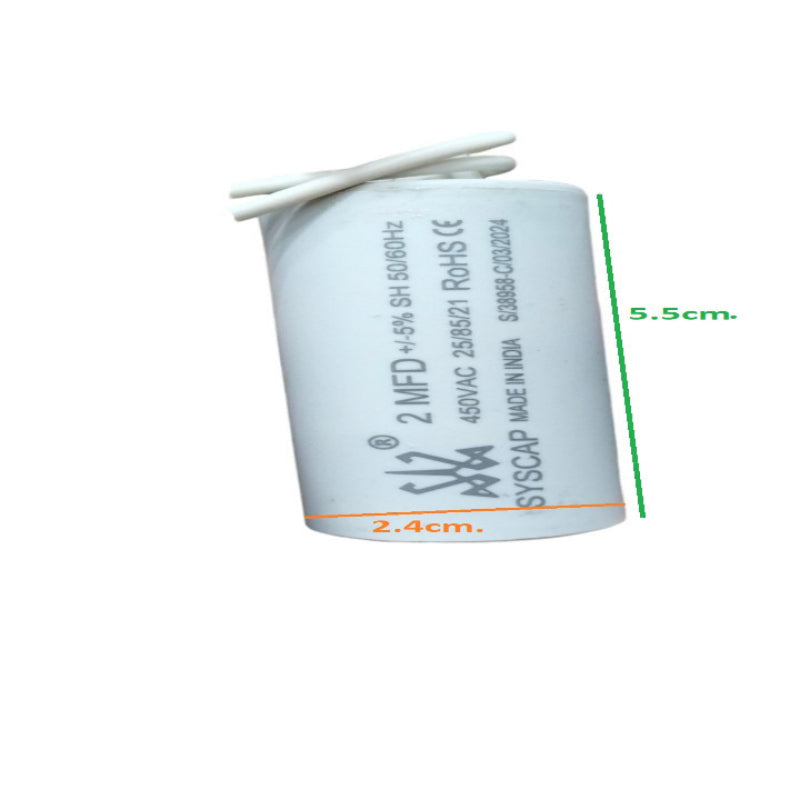Syscap 2MFD 450V AC Running Capacitor white cylindrical electrical component with dimensions
