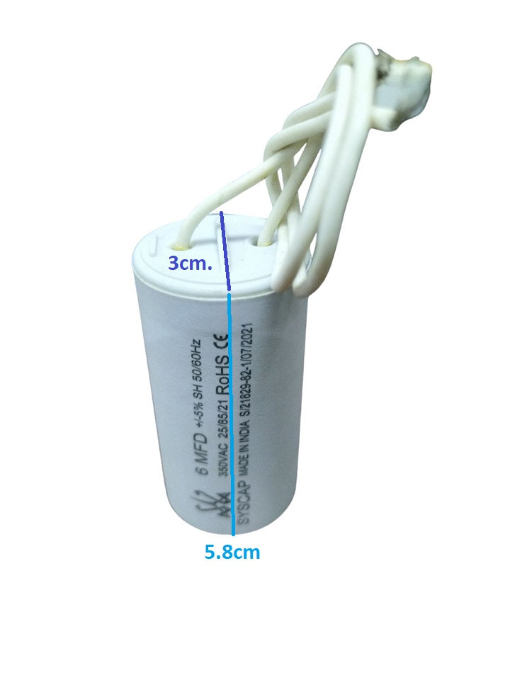 SYSCAP 350VAC Capacitor for Motors white cylindrical capacitor with wires attached for electrical circuitry