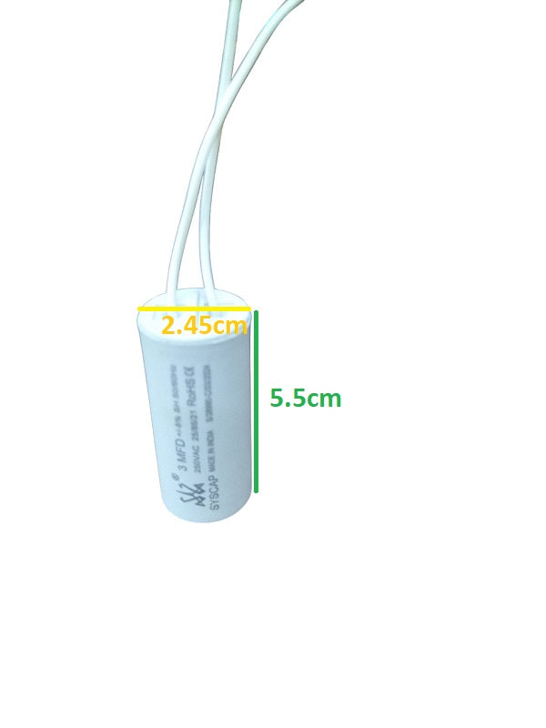 Syscap 3MFD 250 VAC Running Capacitor with white wires and compact cylindrical design