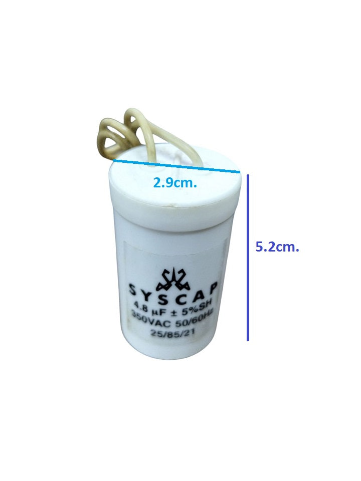 Syscap 4.8 microfarad 350V AC capacitor with white cylindrical body and attached wires