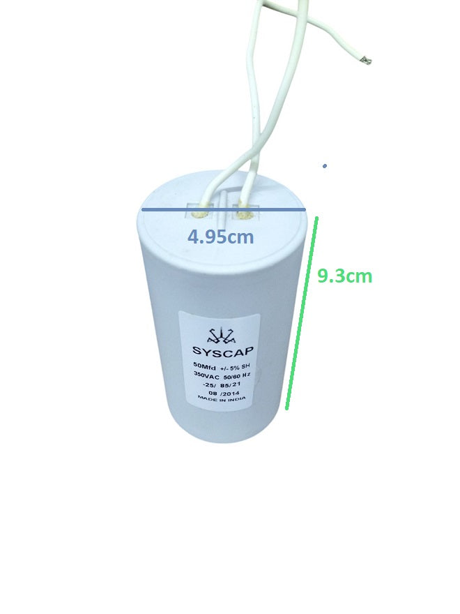Syscap 50MFD 350V AC Running Capacitor with white wires and cylindrical shape for electrical use