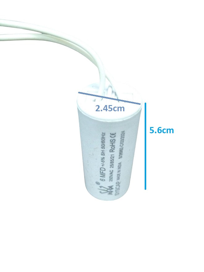 SYSCAP 6mfd 250V running capacitor for motors with white cylindrical body and wires
