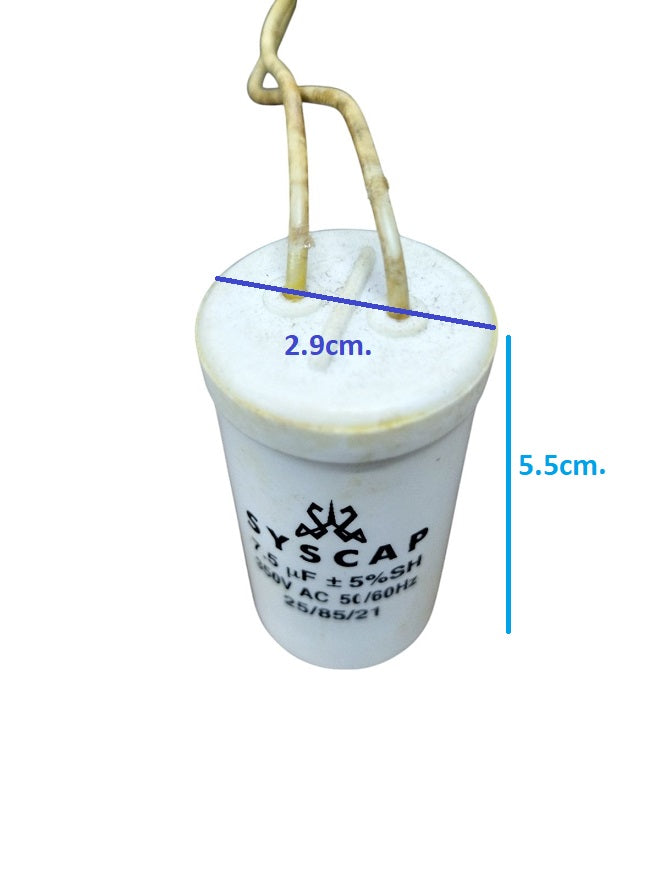Syscap 7.5MFD Motor Running Capacitor with white cylindrical body and two attached wires