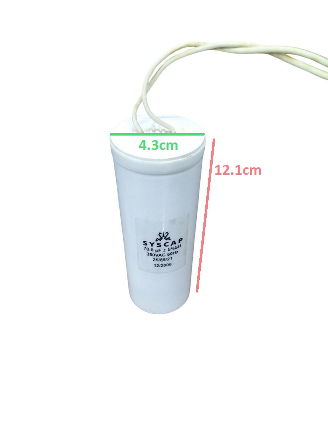 Syscap 70MFD 350 VAC Running Capacitor cylindrical electrical part with attached wires