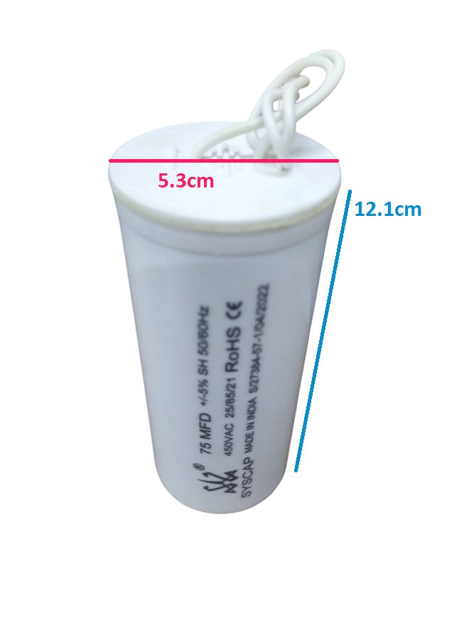 SYSCAP 75MFD motor capacitor 450V AC white cylindrical electrical component with wires