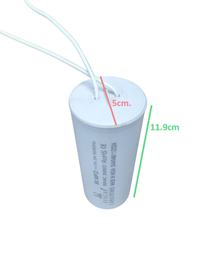 Syscap 80MFD 350V ACRunning Capacitor white cylindrical electrical component with wires