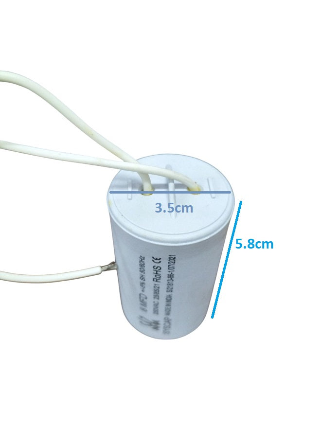 Syscap 8MFD 250 VAC Running Capacitor with wires showing dimensions of 3.5 cm by 5.8 cm