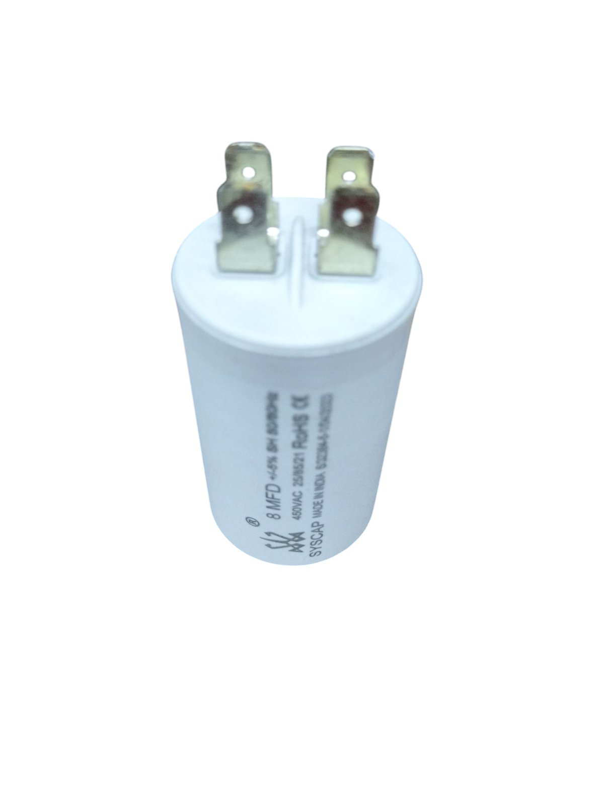 Syscap 8MFD 450 VAC Motor Capacitor white cylindrical electrical component with two metal terminals