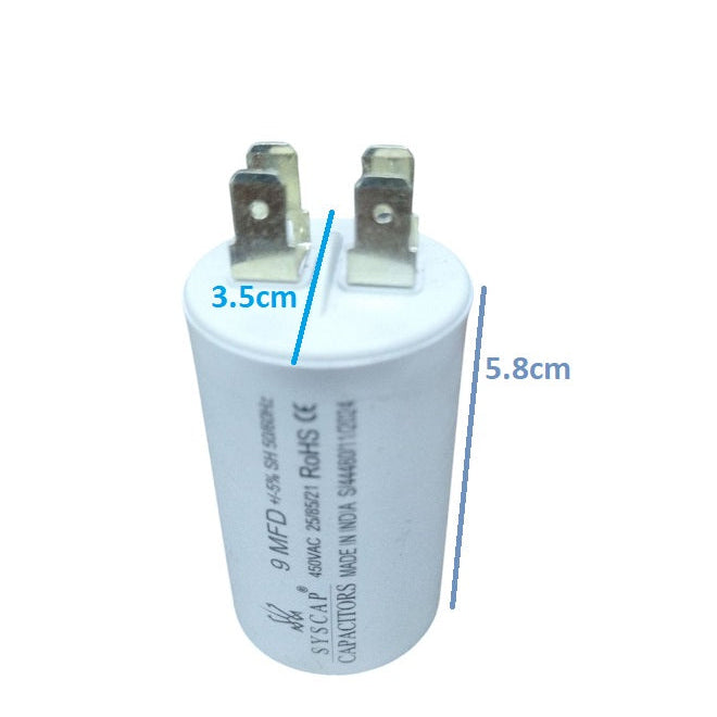 Syscap 9MFD 450 VAC Running Capacitor white cylindrical electrical component with metal terminals