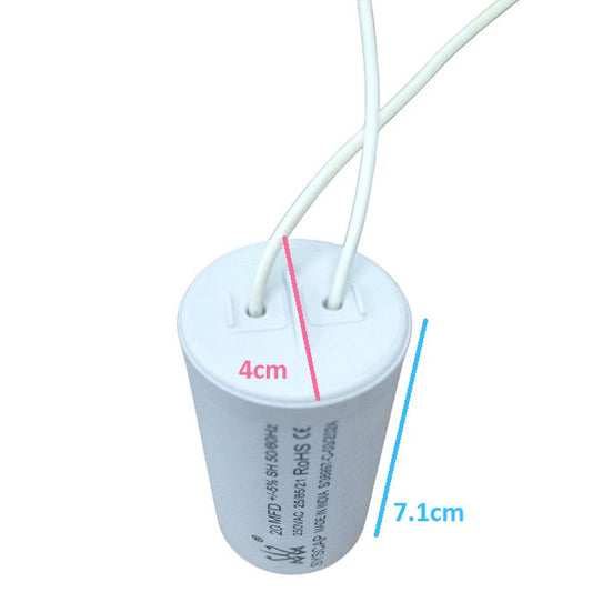 Syscap electrical capacitor for motors with white cylindrical body and wires for motor circuits