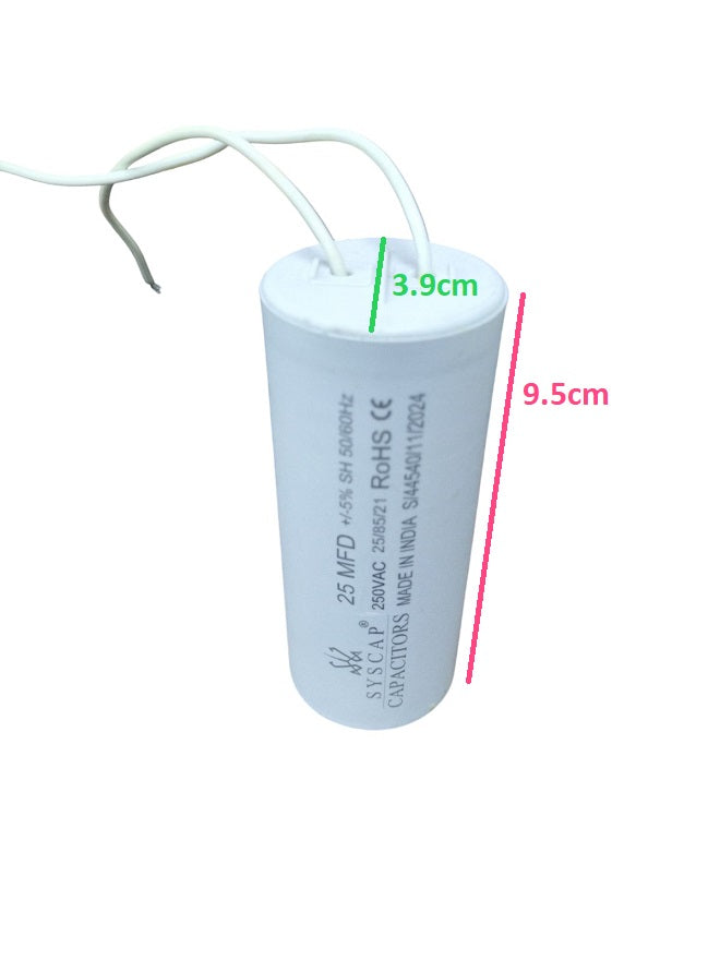 Syscap electrical motor capacitor with 25 MFD rating and white cylindrical body with wires