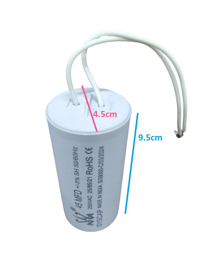 Syscap electrical motor capacitor white cylindrical with two attached wires and product specifications