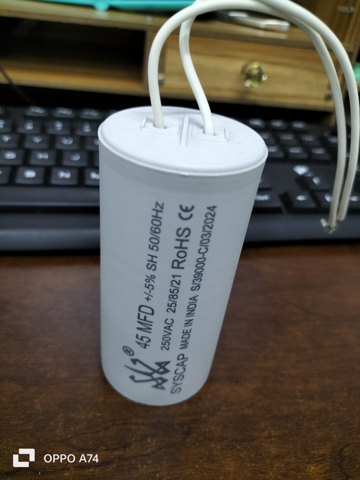 Syscap electrical motor capacitor 45 microfarads 250VAC with wiring for motor circuits