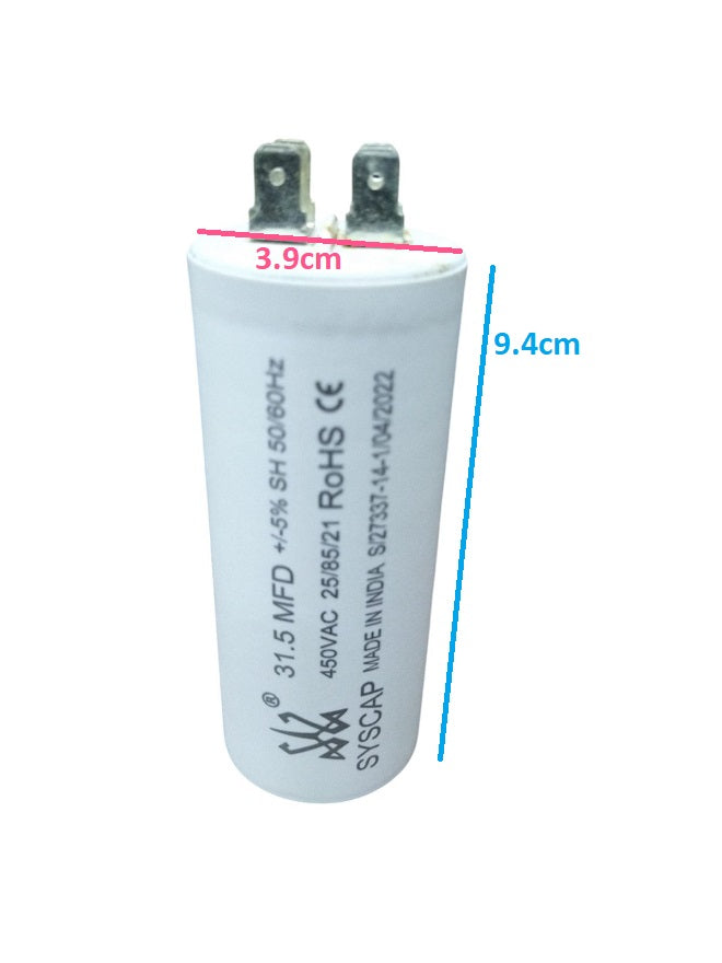 Syscap industrial motor capacitor 31.5 MFD 450VAC white cylindrical electrical component