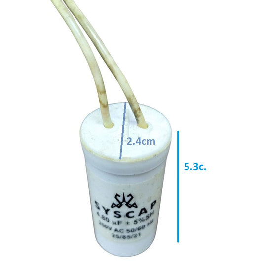 SYSCAP motor capacitor 250V AC with a cylindrical design and two connector wires for electrical applications