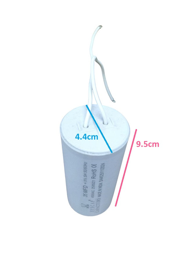 Syscap motor capacitor with white casing and attached wires showing 4.4 cm diameter and 9.5 cm height
