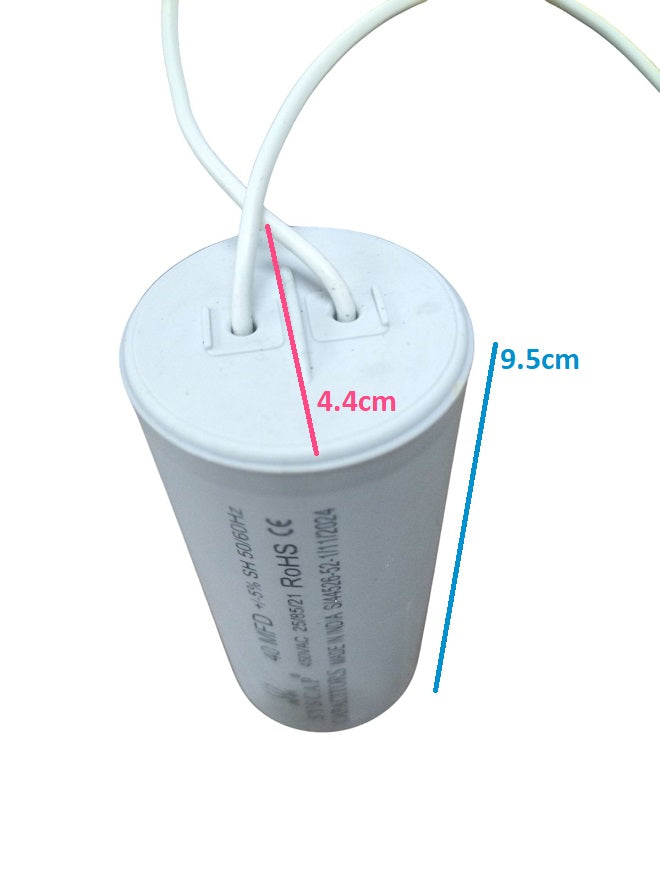 Syscap white cylindrical motor capacitor with dual wires and size measurements in centimeters
