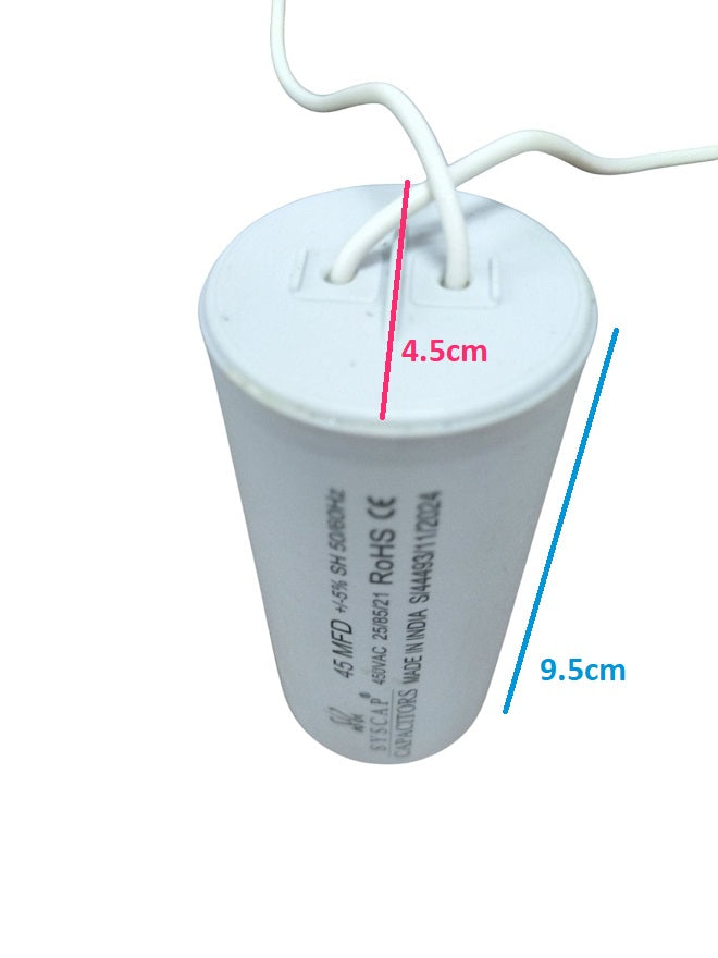 Syscap Motor Capacitor white cylindrical electrical component with wires and size measurements