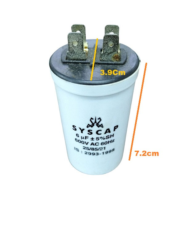 Syscap motor capacitor white cylindrical electrical component with 600V AC rating and metal terminals