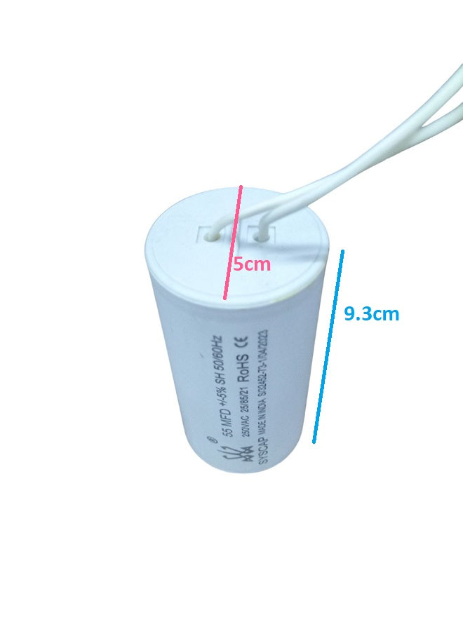 Syscap white cylindrical motor capacitor with wire leads and measurement markings visible