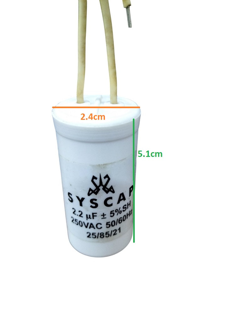 Syscap motor running capacitor 2.2mfd 250v white cylindrical with wires and product dimensions