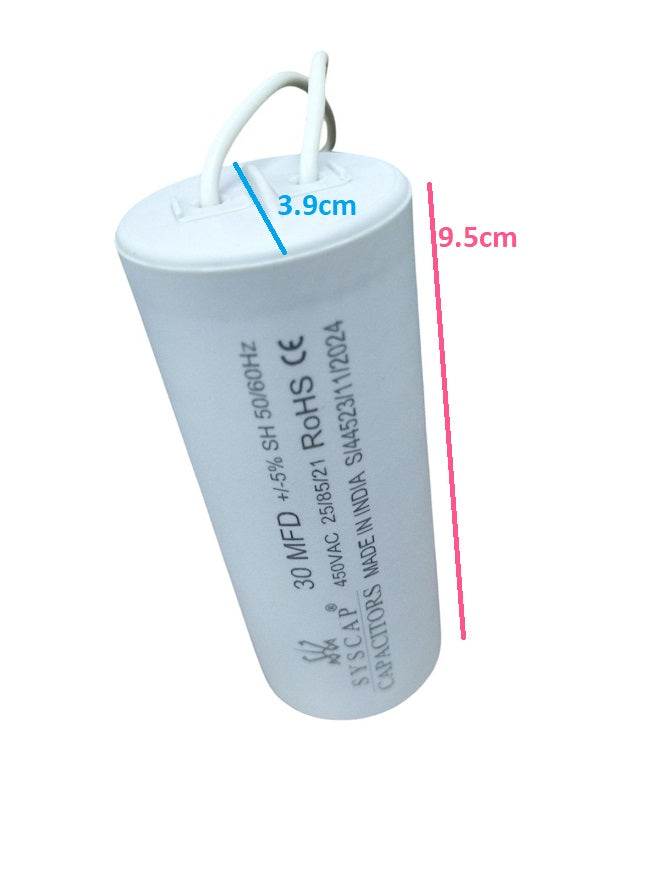 Syscap motor running capacitor 30 MFD 450VAC cylindrical electrical component with wires