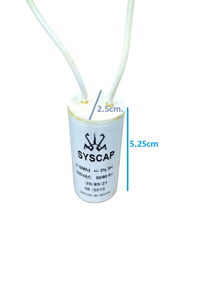 Syscap Motor Running Capacitor 4.5MFD white cylindrical electrical part with wires