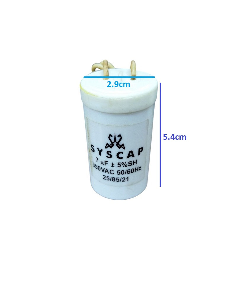 Syscap motor running capacitor 7.0MFD white cylindrical electrical component with measurement details
