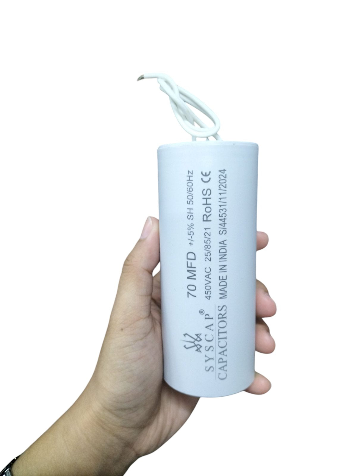 SYSCAP Motor Running Capacitor 70MFD 450V AC held in hand for electrical circuitry and parts