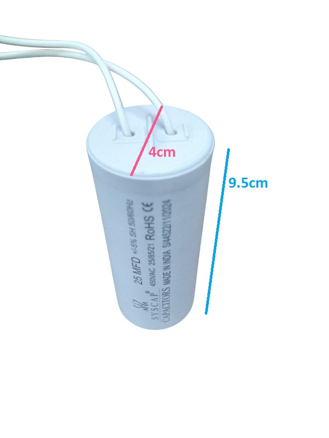 Syscap motor running capacitor industrial with white cylindrical body and attached wires