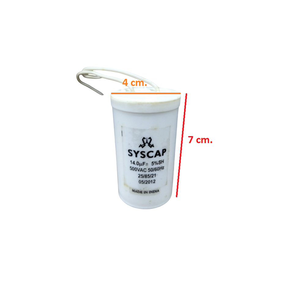 Syscap Run Capacitor 14UF 500 VAC white cylindrical capacitor with two wires and printed specifications
