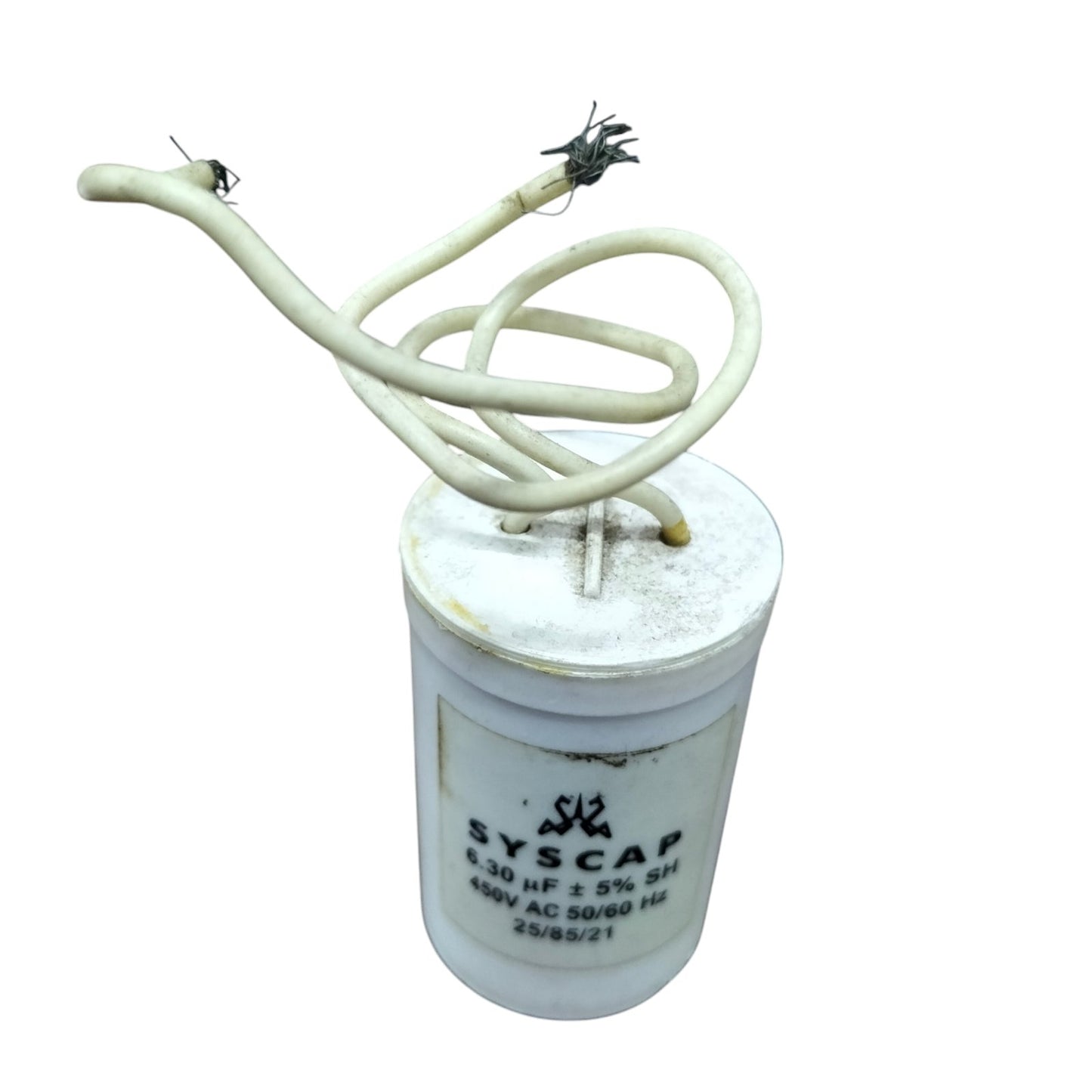 Syscap Run Capacitor 6.30 UF 450VAC electrical part with white casing and attached wires
