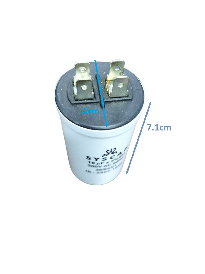 Syscap Running Capacitor 18MFD 350 VAC electrical component with two metal terminals