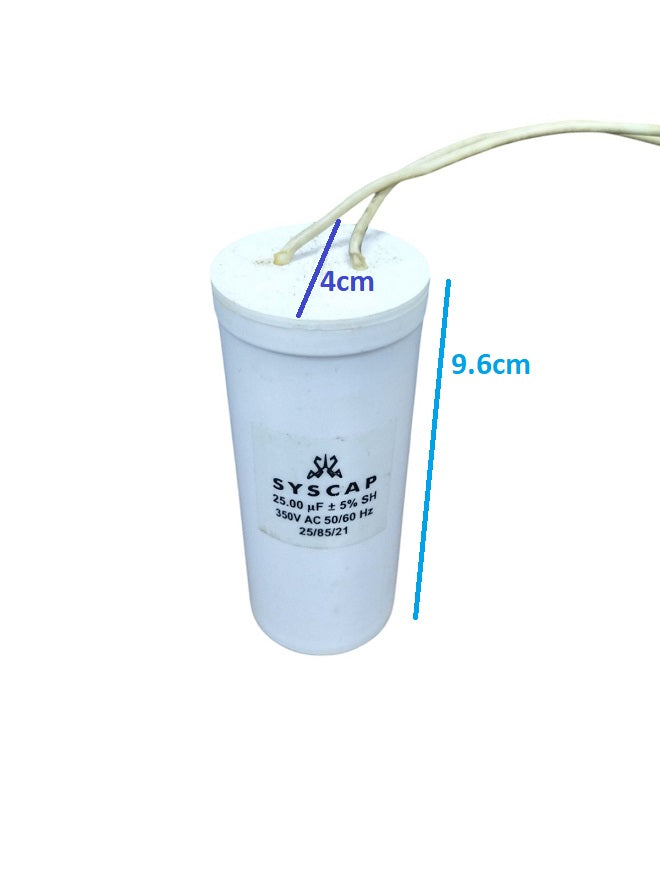 Syscap Running Capacitor 25MFD 350 VAC cylindrical white electrical component with wires