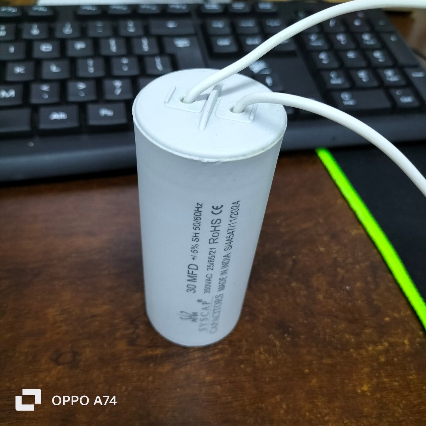 Syscap Running Capacitor 30MFD 350 VAC white cylindrical electrical component with wires