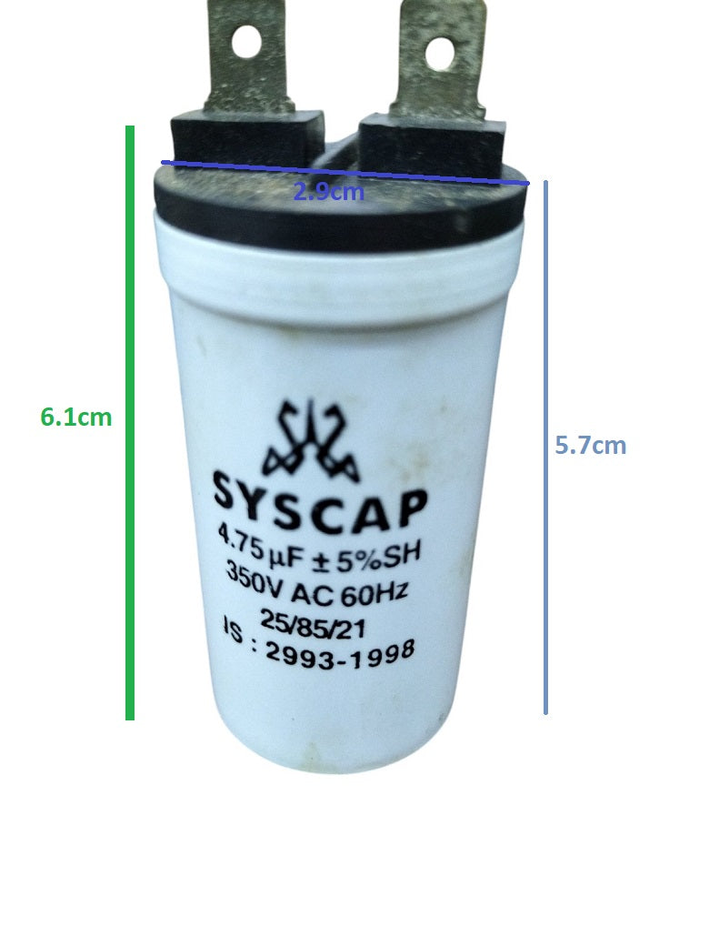 Syscap Running Capacitor 4.75MFD 350 VAC white cylindrical electrical component with metal terminals