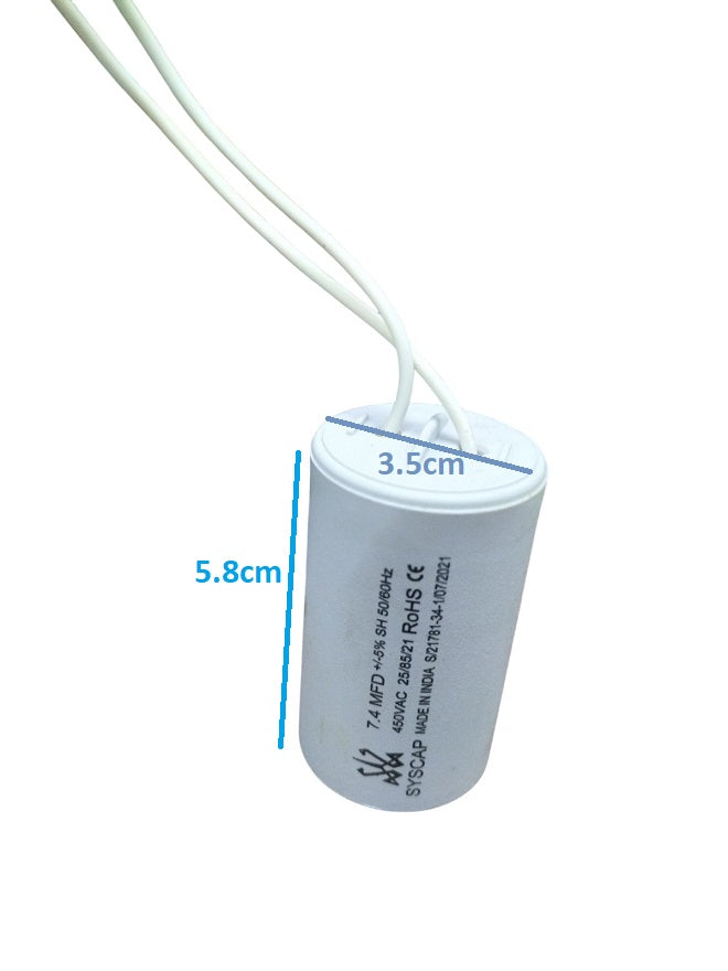 Syscap Running Capacitor 7.4MFD 450 VAC white cylindrical electrical component with two wires