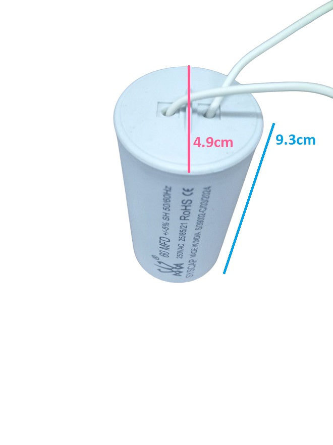 Syscap motor capacitor with white cylindrical body and attached wires measuring 9.3 cm height