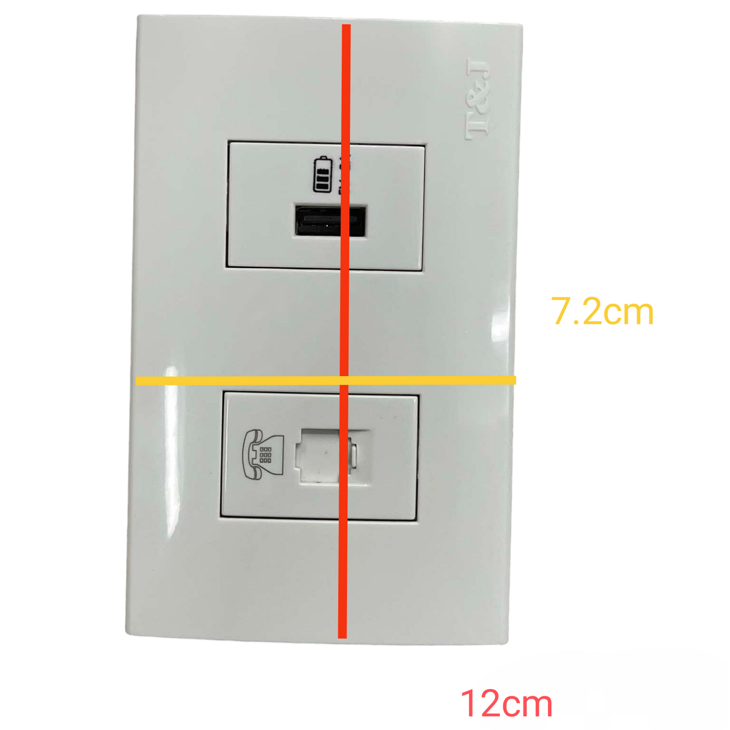 T&J 2 Gang USB 2.4A 5VDC and Tel Outlet dual port wall plate with USB and telephone socket