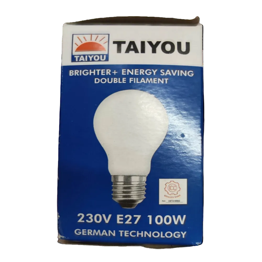 Taiyou 100W Incandescent Lamp E27 220V with double filament energy-saving bulb in blue and white packaging