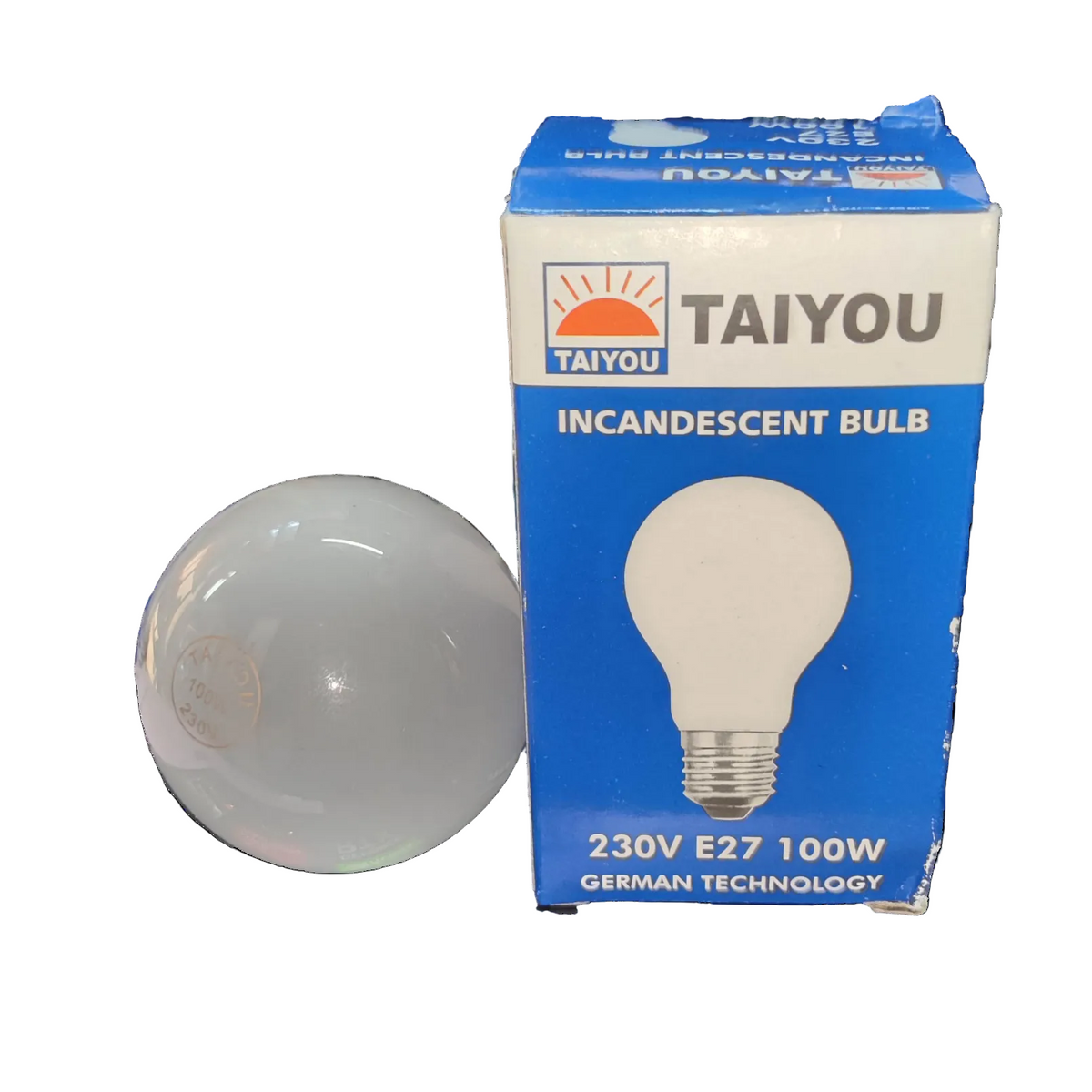 Taiyou 100W Incandescent Lamp E27 220V bulb next to blue and white packaging box with German technology label