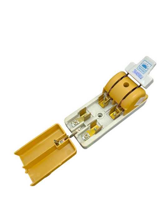Taiyou 30A Knife Switch Single Throw Single Phase electrical circuitry component with yellow cover open