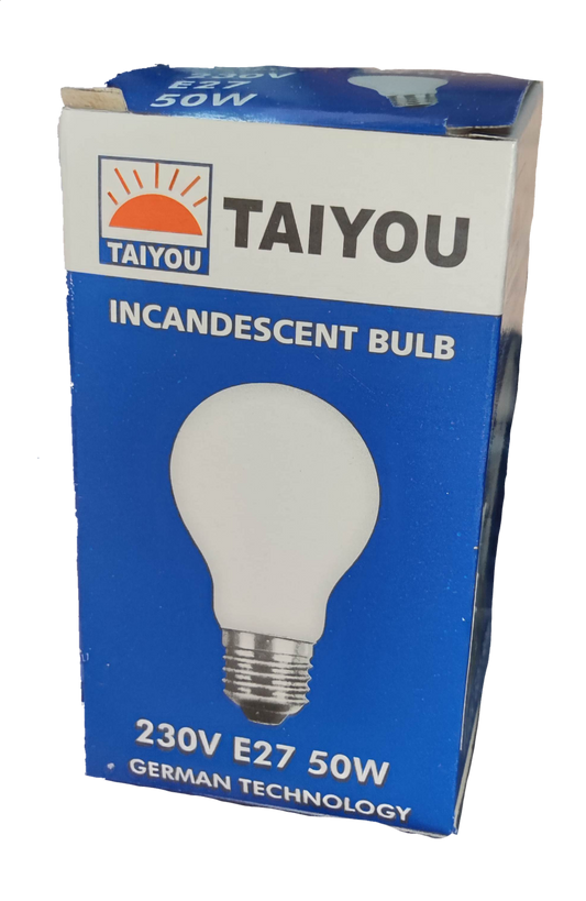 Taiyou 50W E27 incandescent lamp box featuring 230V incandescent bulb with German technology
