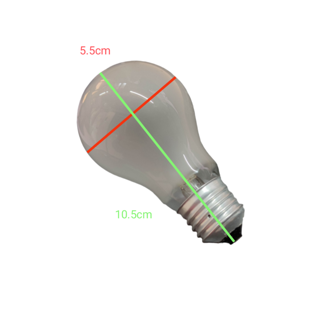 Taiyou 50W E27 incandescent lamp with frosted glass and metal screw base measuring 10.5cm by 5.5cm